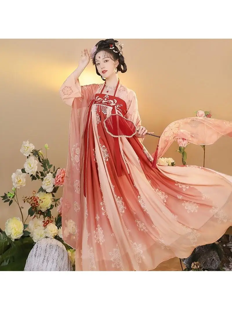 

Традиционный китайский женский костюм Ханьфу: юбка до груди, весенне-летний сценический костюм для выступлений по боевым искусствам, национальный наряд.