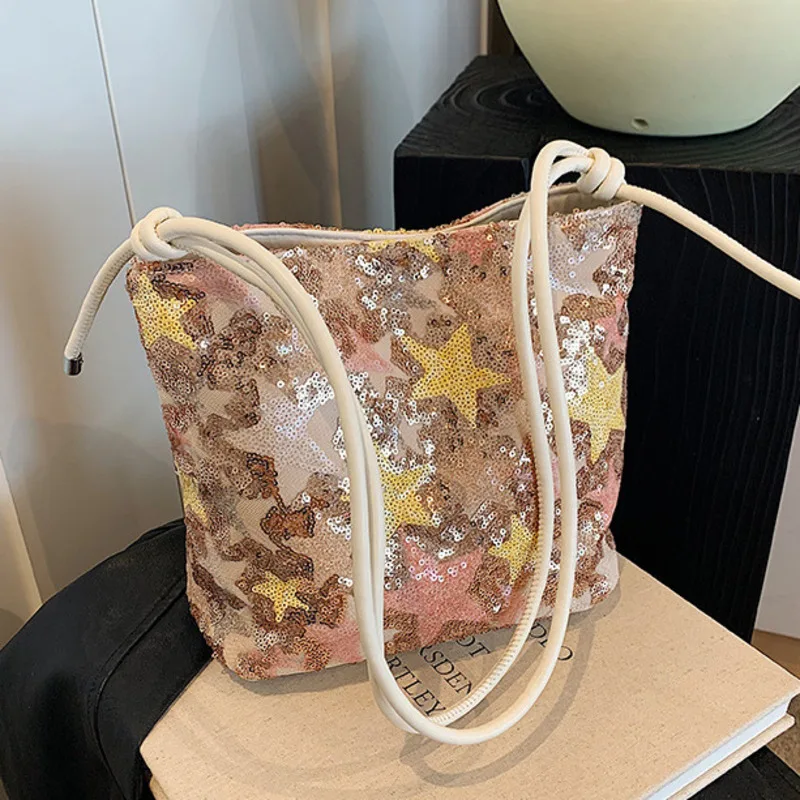 XJ Women's high-end feeling large bag women's new fashionable sequin shoulder bag versatile large capacity crossbody bucket bag