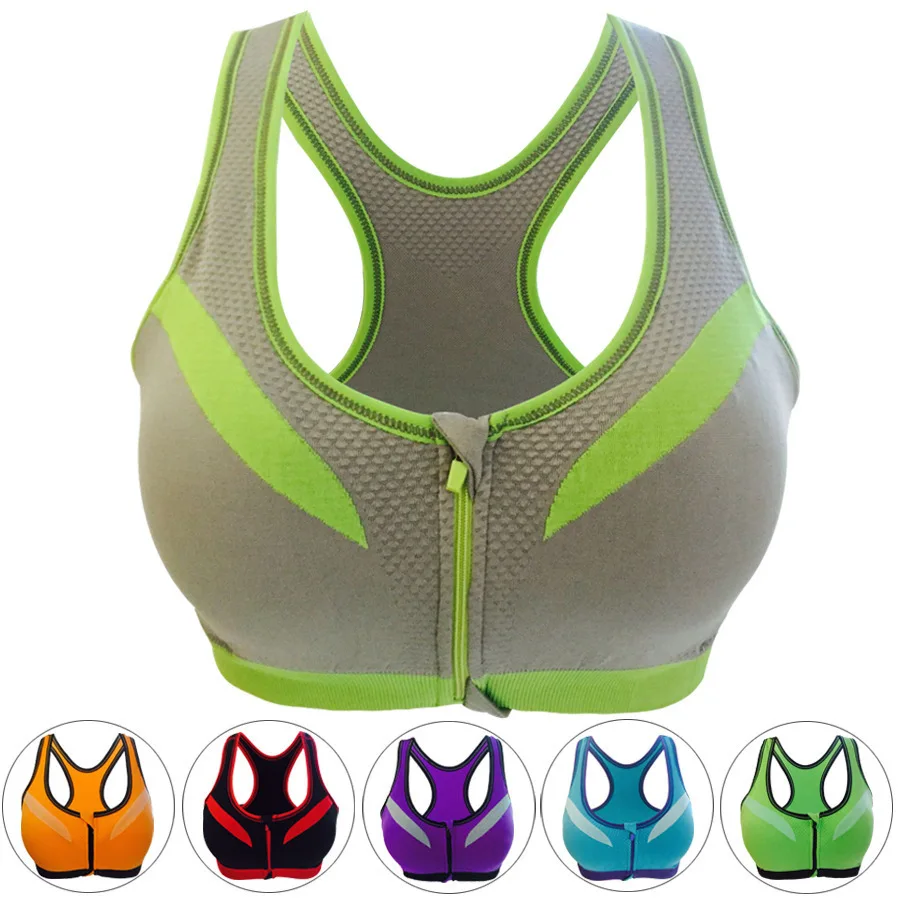 HOT Women Zipper Push Up Sports Bras,Padded Wirefree Shockproof Gym Fitness Athletic Running Yoga Vest Sports Tops 5 Colors