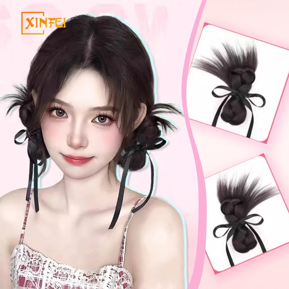 XINFEI Peluca sintética de simulación integrada, 2 uds., agarre y Clip, cinta dulce y versátil, doble cabeza de moño, 20cm