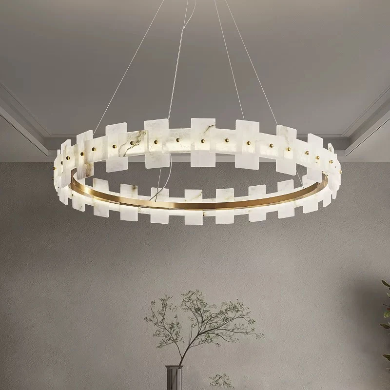 

2025 New Luxury Spanish Marble Round Chandelier Brass Black Bronze Customizable Pendant Lamp Ceiling Light
