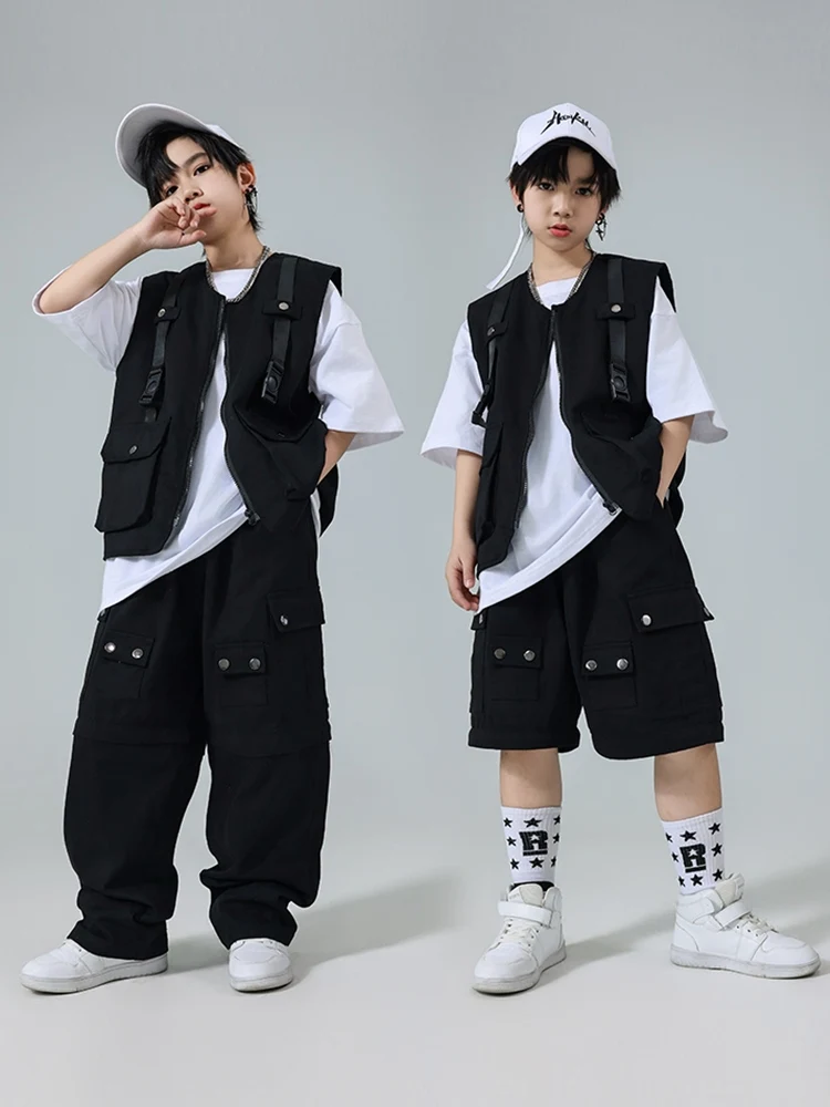 

New Kids Hip Hop Dance Costume Black Vest Detachable Pants Girls Jazz Dancewear Fashion Catwalk Clothing Boys Stage Sets BL13451