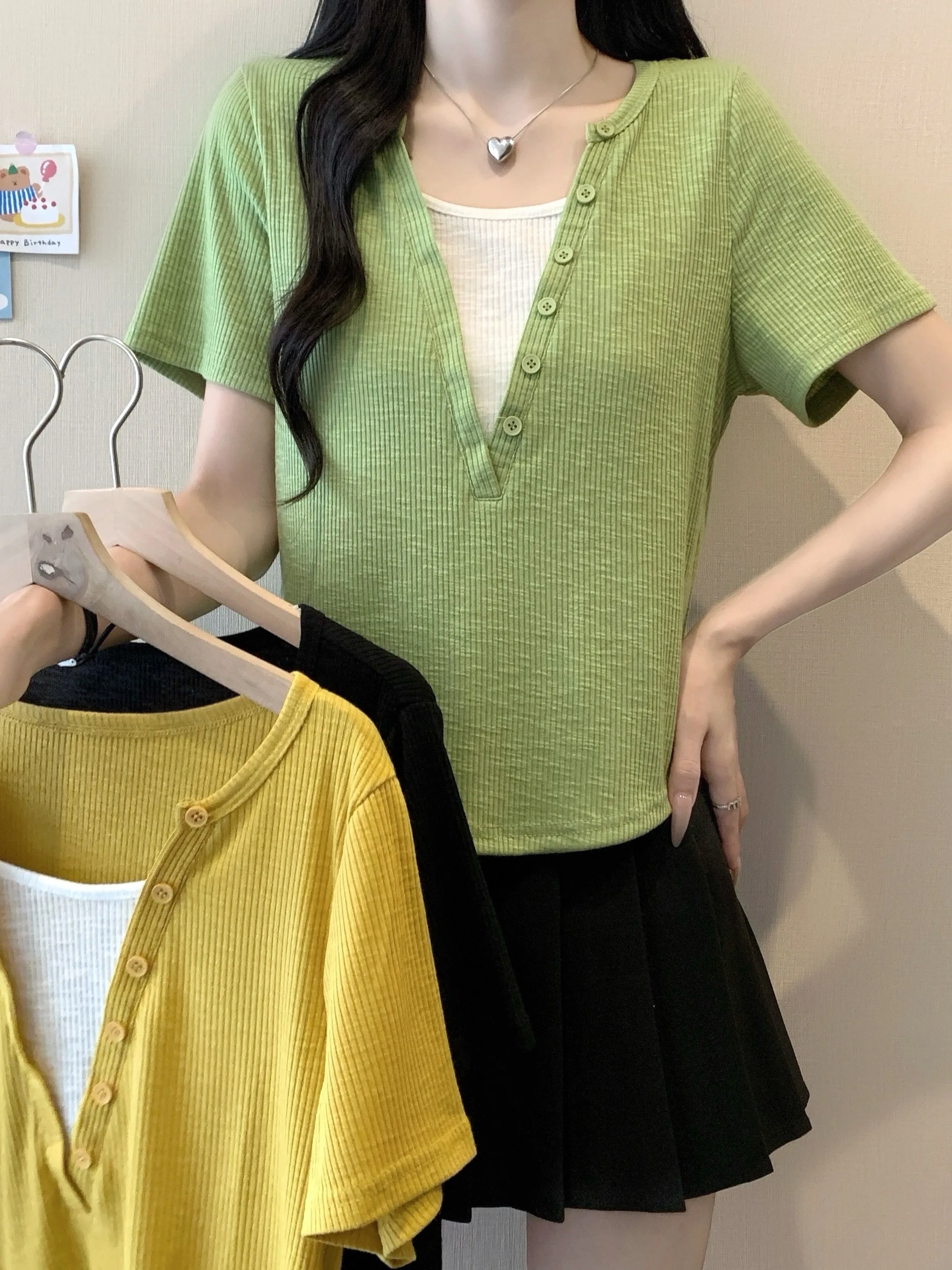 

plus Size Color Block Short Sleeve T-Shirt Summer New Style Slimming Versatile Design Korean Style Commute Wind Polyester Fiber