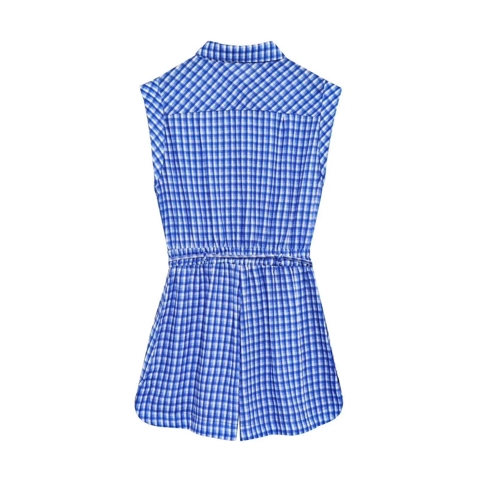 Casual Women's Jumpsuit Blue Plaid Single Breasted Sleeveless Lace-up Jumpsuit Fashion Summer Beach Holiday Jumpsuit