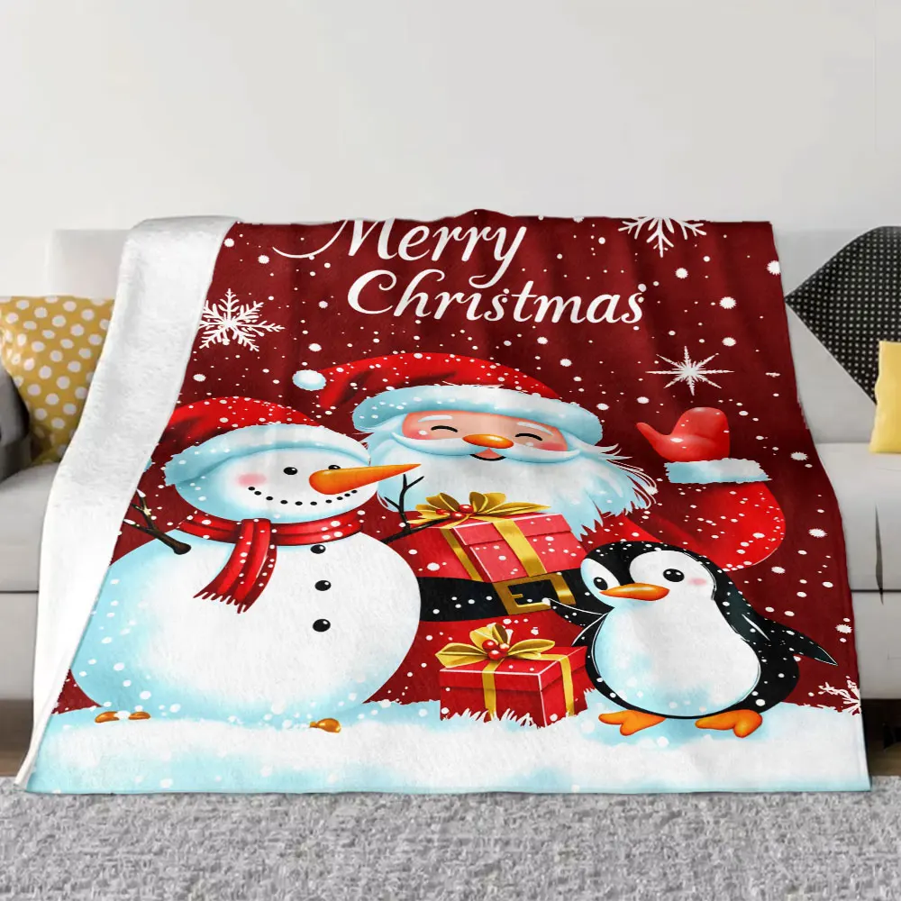 크리스마스 담요 - 눈사람, 산타클로스, 펭귄이 있는 축제 디자인, 눈송이가 있는 빨간색 배경, 크리스마스 장식, 선물에 이상적