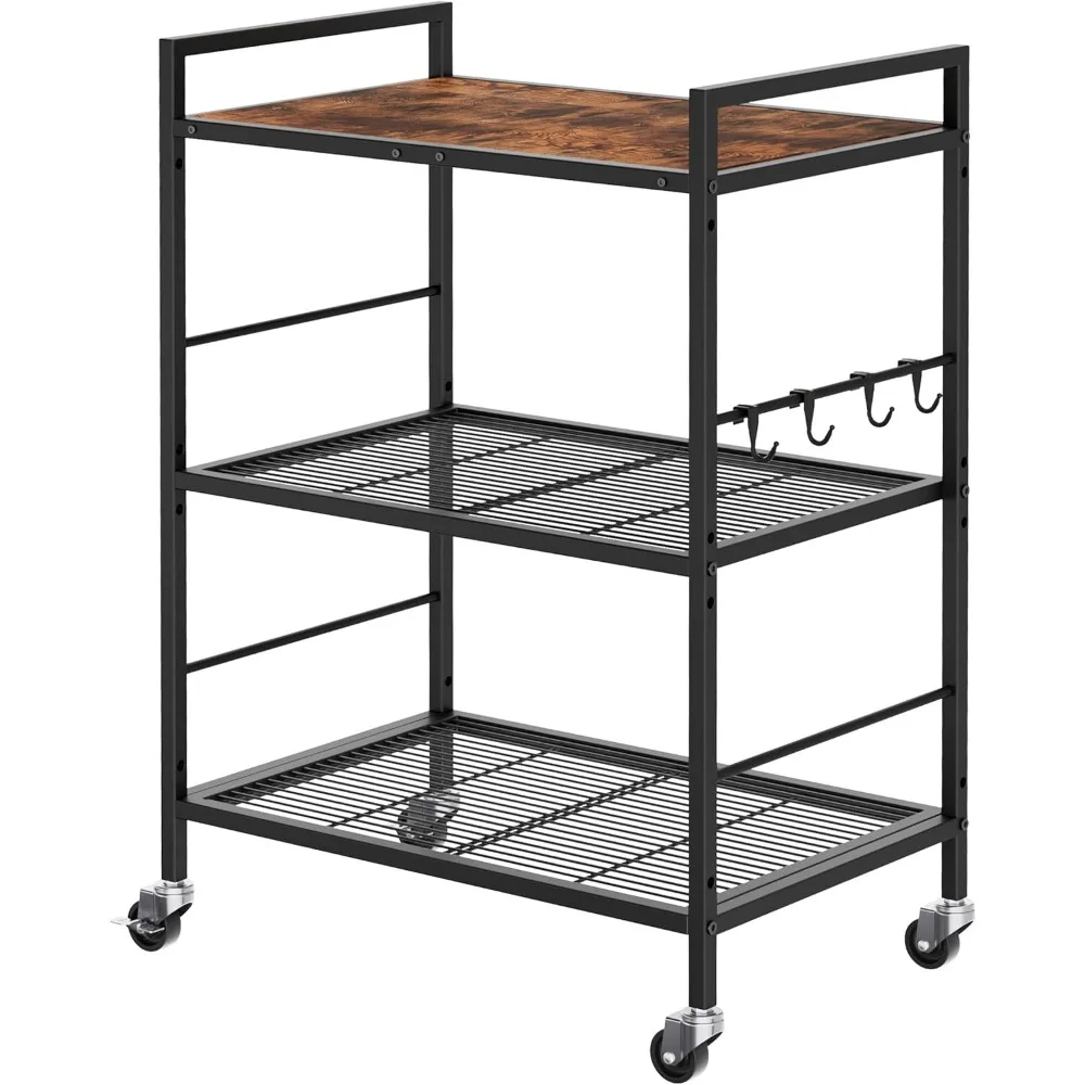 

Industrial Style 3-Tier Metal Storage Rack with Wheels, Mesh Shelves and Wooden Top, 23.6-Inch Wide, Adjustable