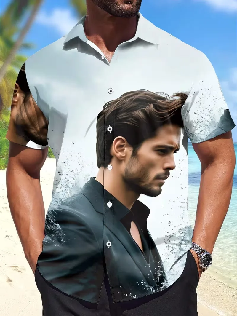

Custom Face Hawaiian Shirt for Men Personalized Photo Print Palm Tree Short Sleeve Button Down Beach Shirt Vacation Party Tops