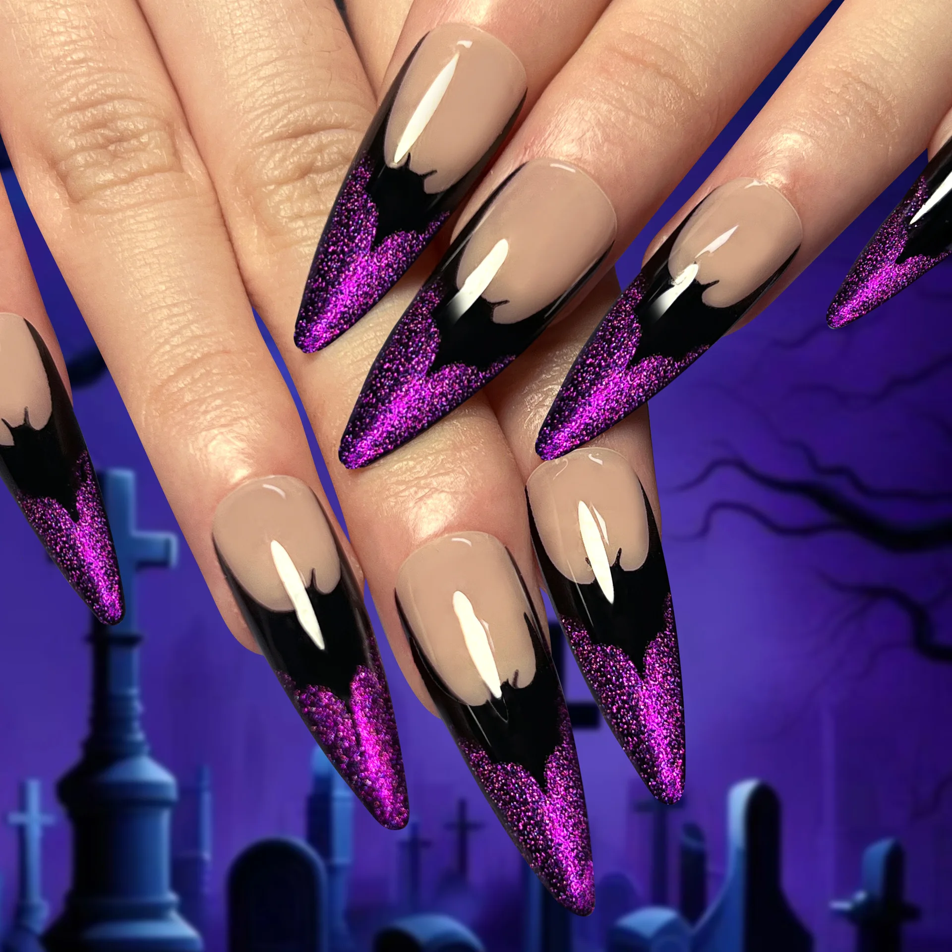 Black Bat Purple Glitter Powder French Long Pointed False Nails Halloween Detachable Finished Fake Nails Press on Nail with Glue