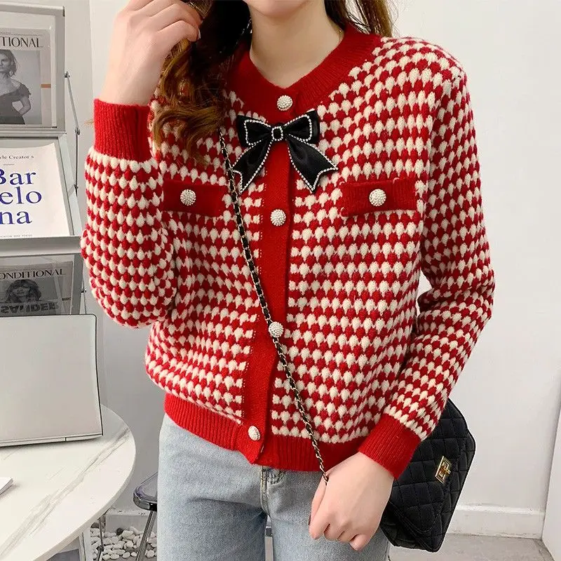 Women Trendy Houndstooth Bow Chic Sweet Outewear Button Knitted Cardigans Autumn Winter Casual O Neck Long Sleeve Sweater Coat