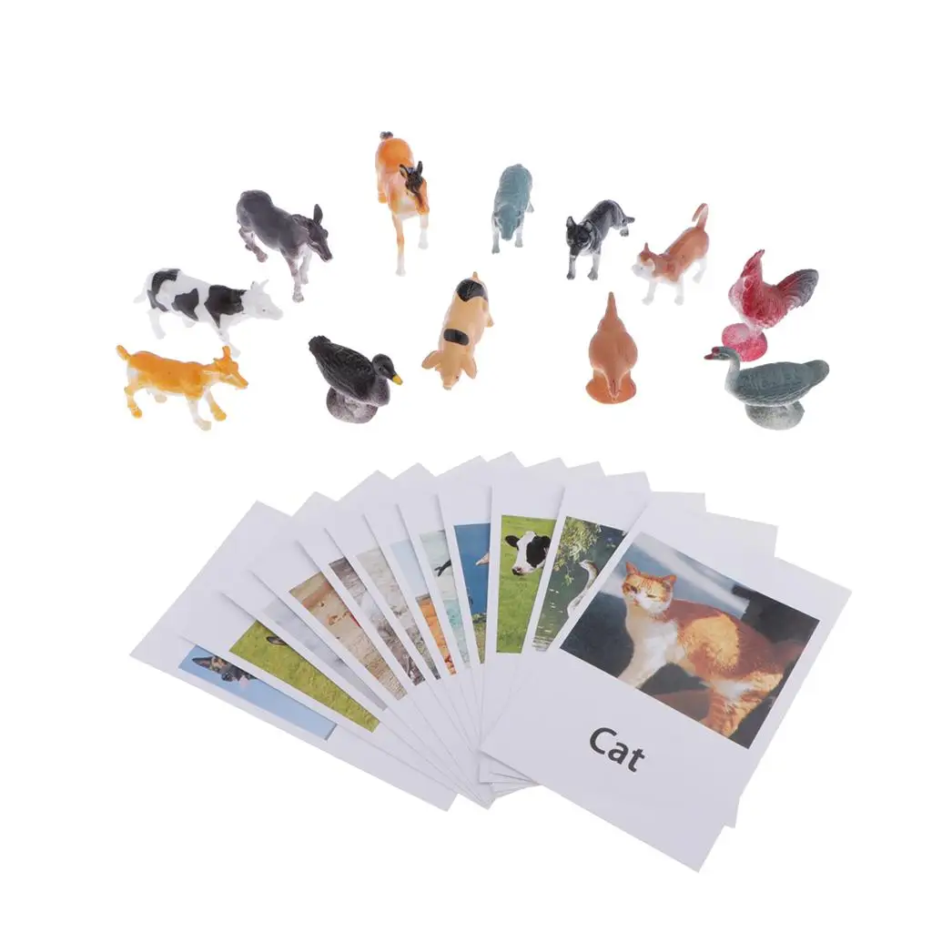 

12 Pack Montessori Miniature Farm Animal Toy Figurines with 12 Matching Cards, Toddlers Preschool Educational Toy