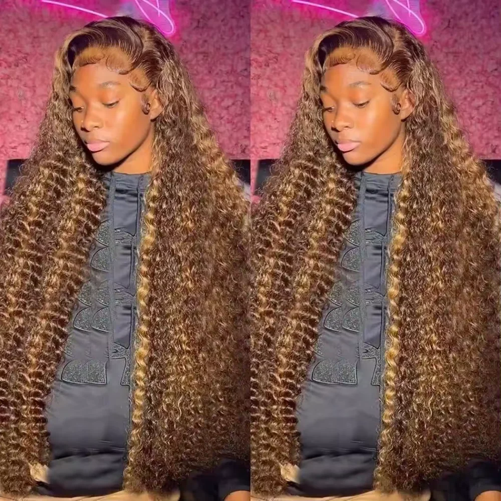 4/27 16 34 Inch Highlight Honey Brown Curly Lace Front Human Hair Wigs 13x4 Ombre Colored Deep Wave Lace Frontal Wigs For Women