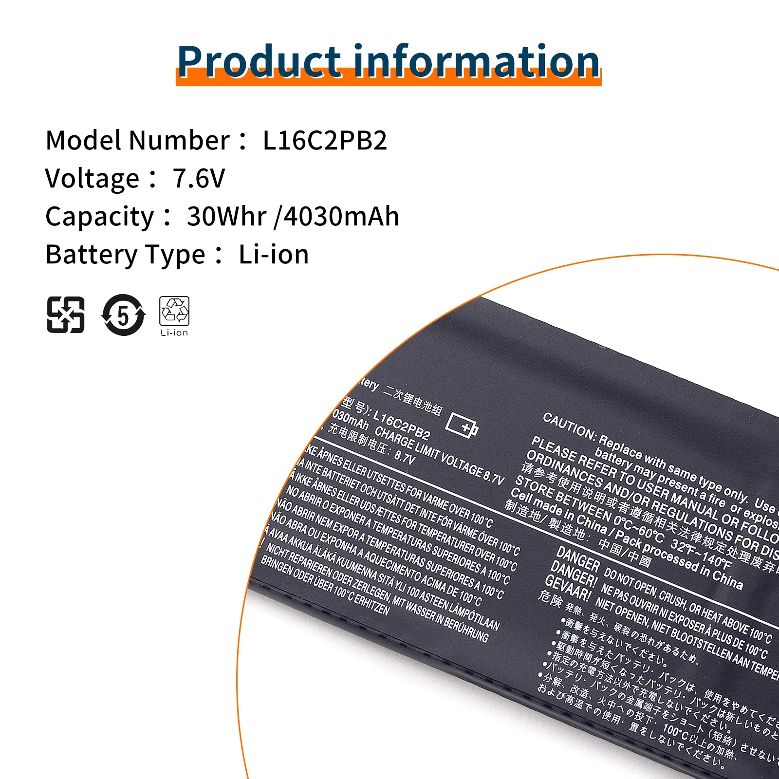 Bateria do portátil para Lenovo IdeaPad, Lenovo IdeaPad 320-14IAP 320-15AST, XIAOXIN 5000-15, L16C2PB2, L16L2PB2, L16S2PB2, 7.6V, 30WH