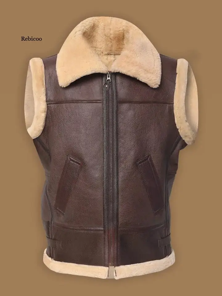 5Xl  Men Winter Warm Leather Vest Jacket Lapel Lamb Hair Coat Jacket Men Solid Color Bomber Vest Short Coat New