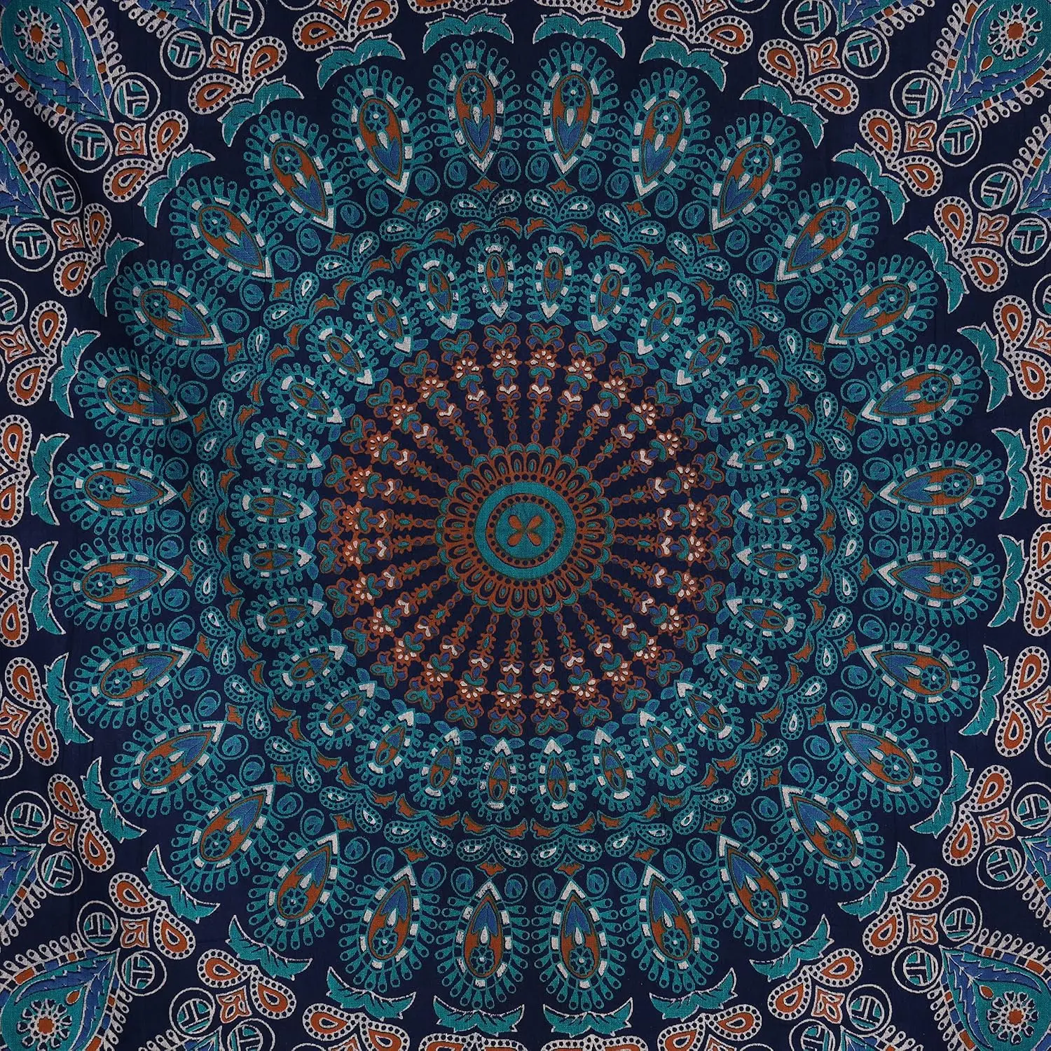Handmade Hippie Bohemian Tapestry with Peacock Mandala for Wall Hanging, Beach Throws, Table Cloth, Blue Green 54x60 Inches view 3
