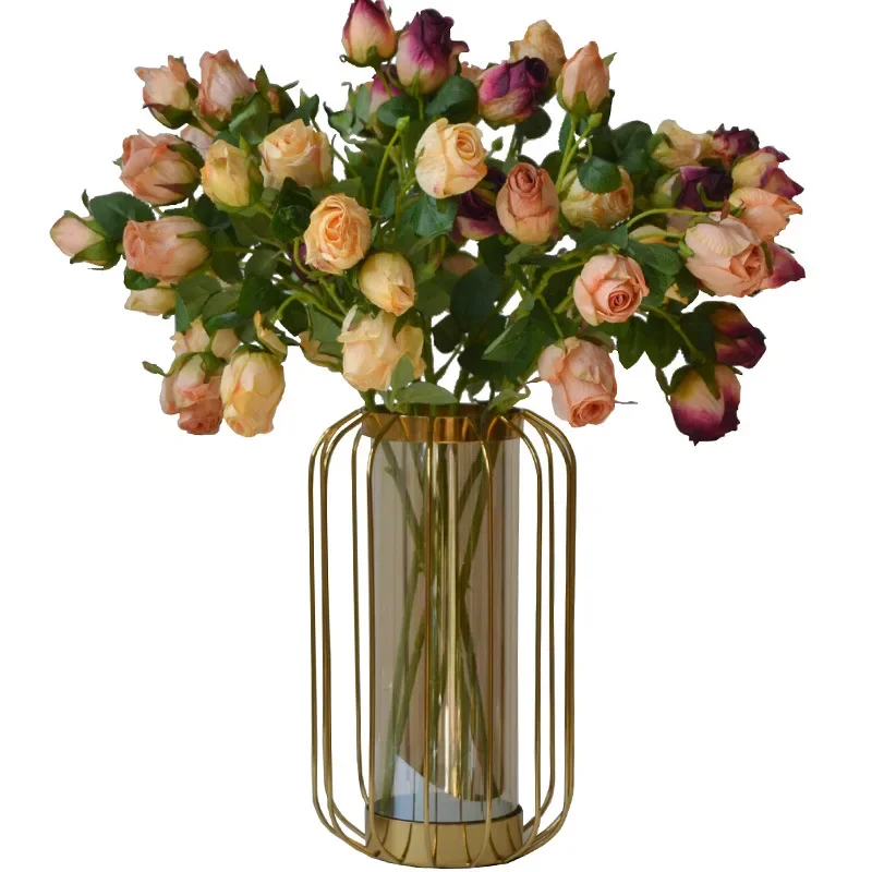 50CM Retro Burnt Edge 7-head Rose Artificial Flower Wedding Bouquet Home Decoration Flower Arrangement  Simulation Dry Flower