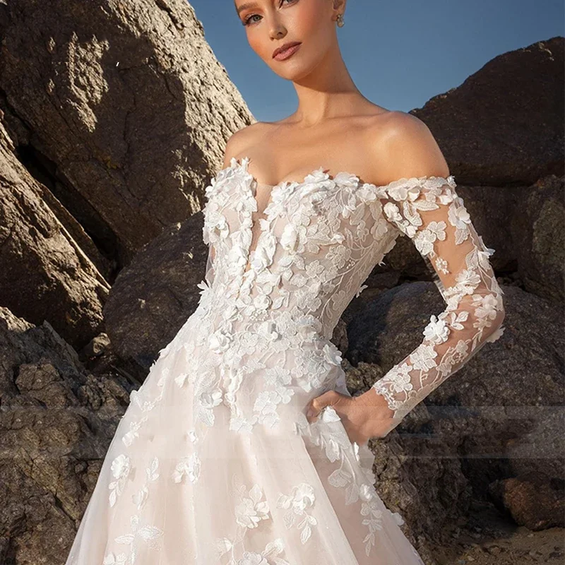 Flavinke カスタマイズされた V ネックのウェディングドレス オーガンザ A ライン フロアレングス ボールガウン フルスリーブ ブライダル ボタン ローブ デ マリー