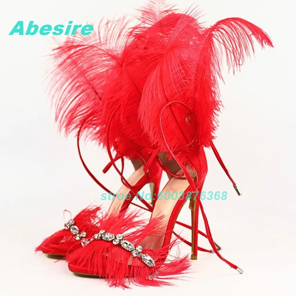 Crystal Fringe Patchwork Feather Sandals Peep Toe Thin Heels Lace-Up Shoes for Women Spicy Girls Fashion Show Stage Style Shoes