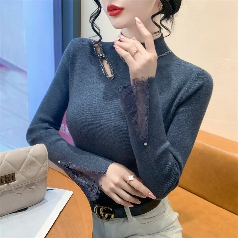 Kant Splice Hollow Out Gebreide Top Dames Slim Fit Hoge Kraag Innerlijke Slijtage Basis Irt Trui Bovenlichaam Koreaanse Sle pendelen