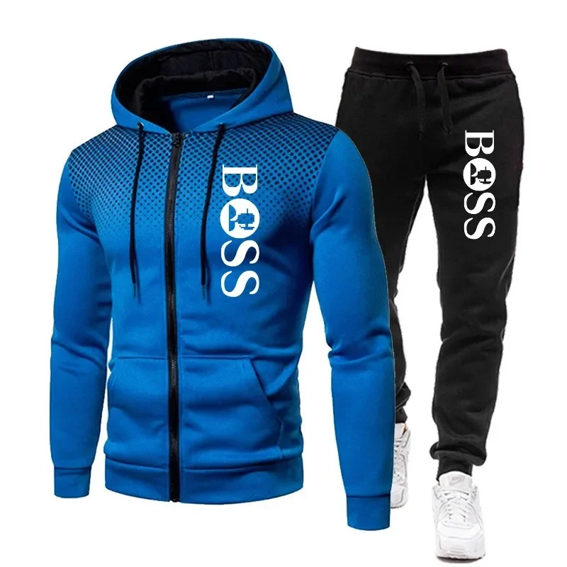 Men\'s clothing Autumn and Winter casual sportswear Fitness suit Outdoor zipper hooded jacket + sweatpants jogging two-piece set