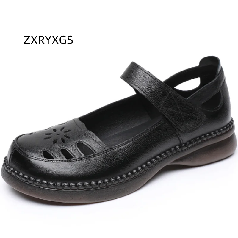 

ZXRYXGS/летние женские сандалии из воловьей кожи с круглым носком, римская обувь, обувь больших размеров 2024, дышащие сандалии из натуральной кожи с полыми отверстиями, прилив