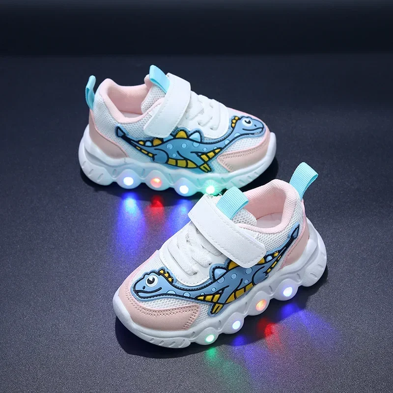 Zapatillas-Chaussures de dessin animé LED pour enfants, dinosaure, garçon, rencontre décontractée, maille respirante, chaussures de tennis éclairées