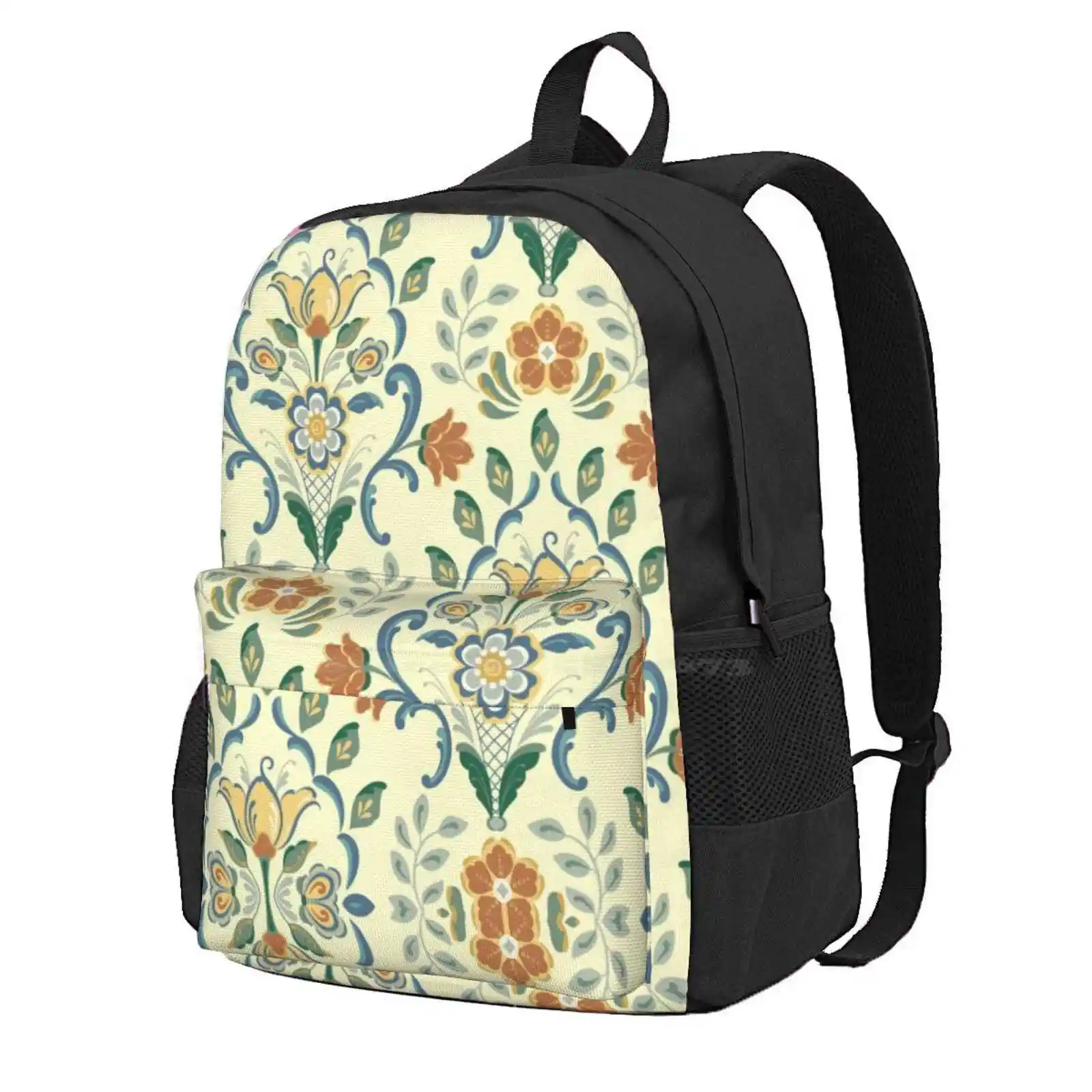 Rosemaling Tulip On Yellow Hot Sale Schoolbag Backpack Fashion Bags Rosemaling Norwegian Folk Art Folk Design Yellow Tulip