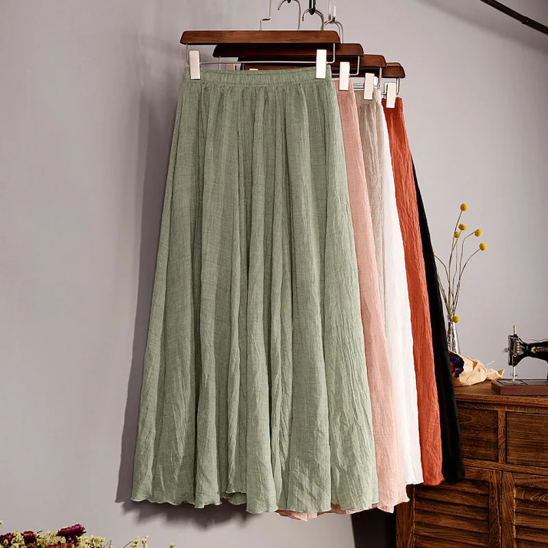 Summer Thin Fashion Cotton Linen Skirt Women Literary Retro Loose Large Swing Skirts Vintage Vacation Elastic Waist Wrap Skirt