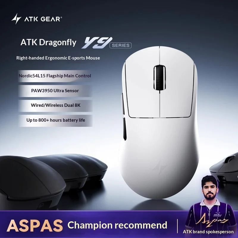 

Беспроводная игровая мышь Atk Dragonfly Y9, эргономичный дизайн, длительный срок службы батареи, двойная самоспускная мышь 8k для компьютера и офиса, подарок