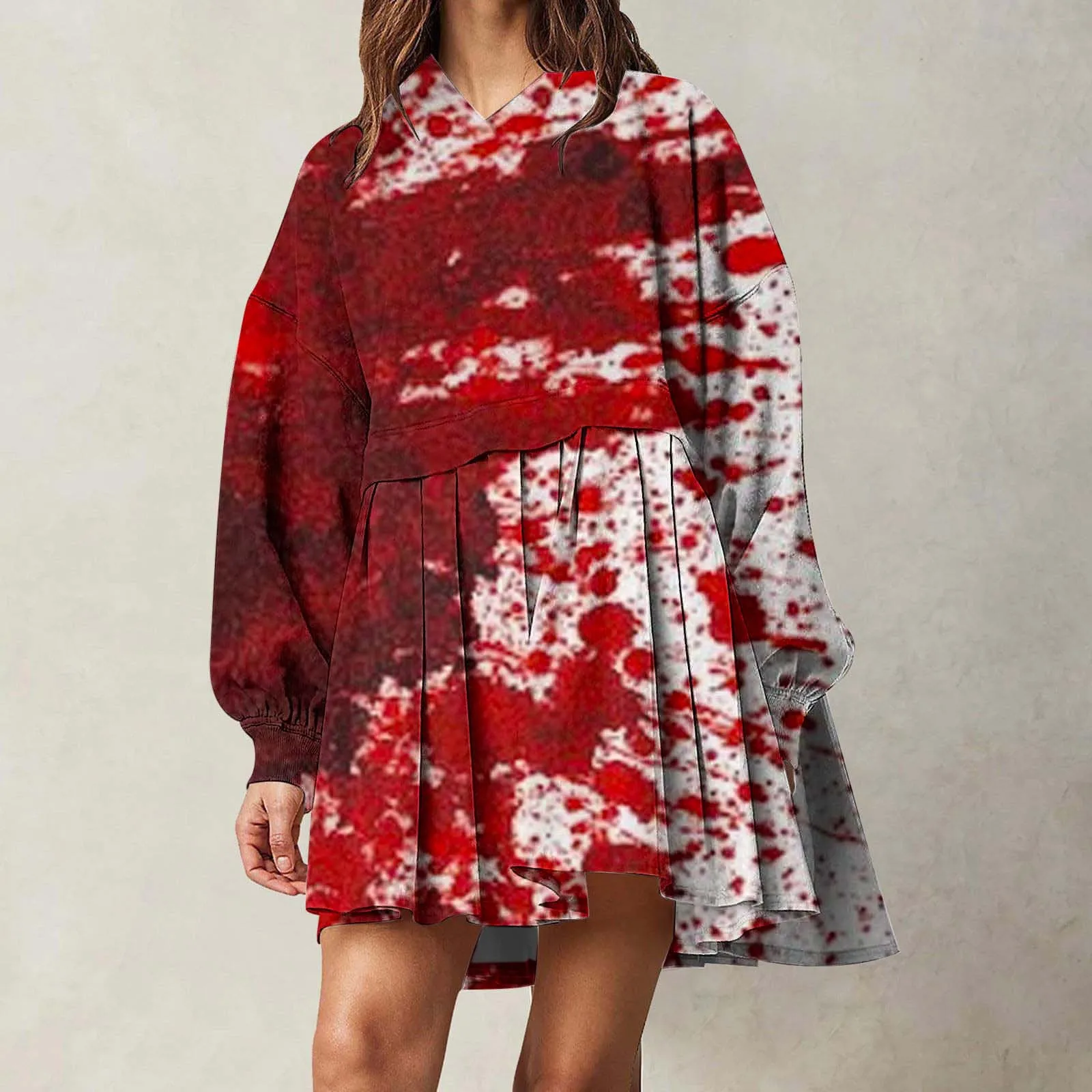 

2024 Fashion Women's Halloween Costume Long Sleeved T Shirt Dress Bloodstain Print Hooded Coat Evening Party Cosplay Clothing
