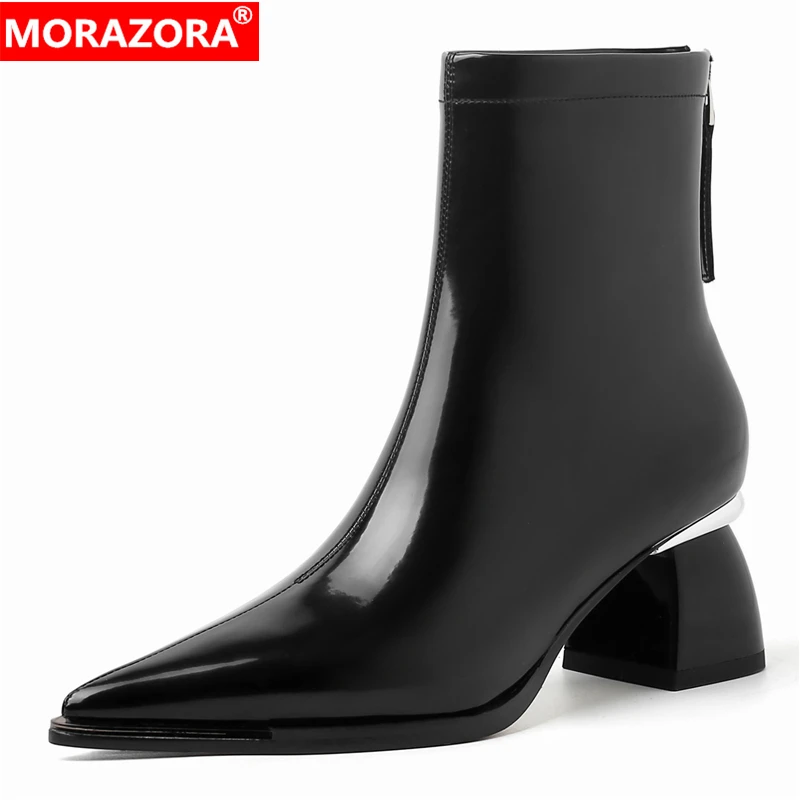 

Женские ботильоны из натуральной кожи MORAZORA, черные ботильоны на высоком массивном каблуке, с острым носком, осенне-зимний сезон