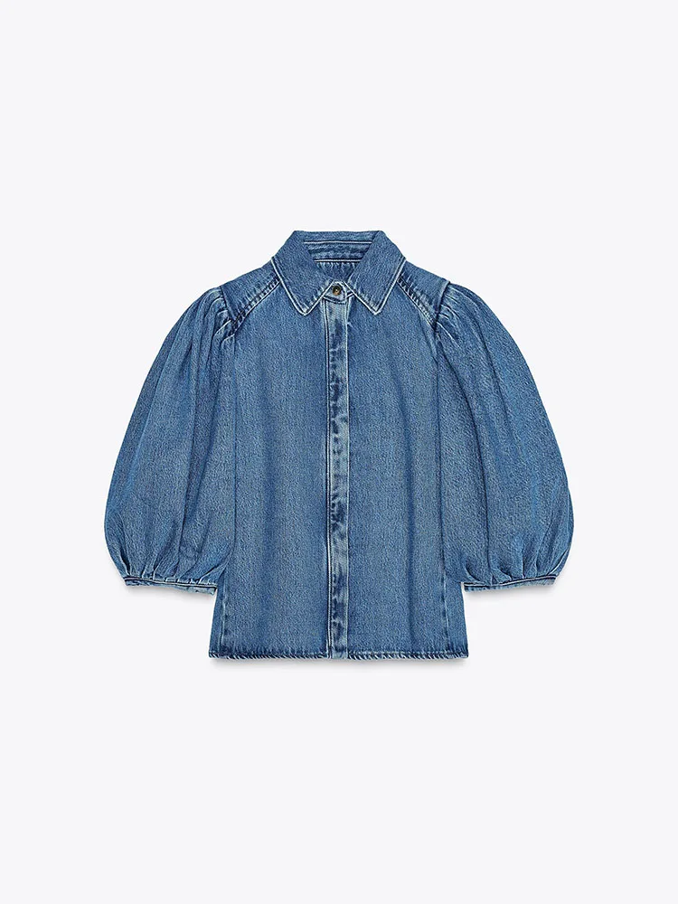 

Новое весеннее поступление, женские модные универсальные удобные джинсовые отложные воротники, пышные Sve irt для поездок на работу, длинные рукава...