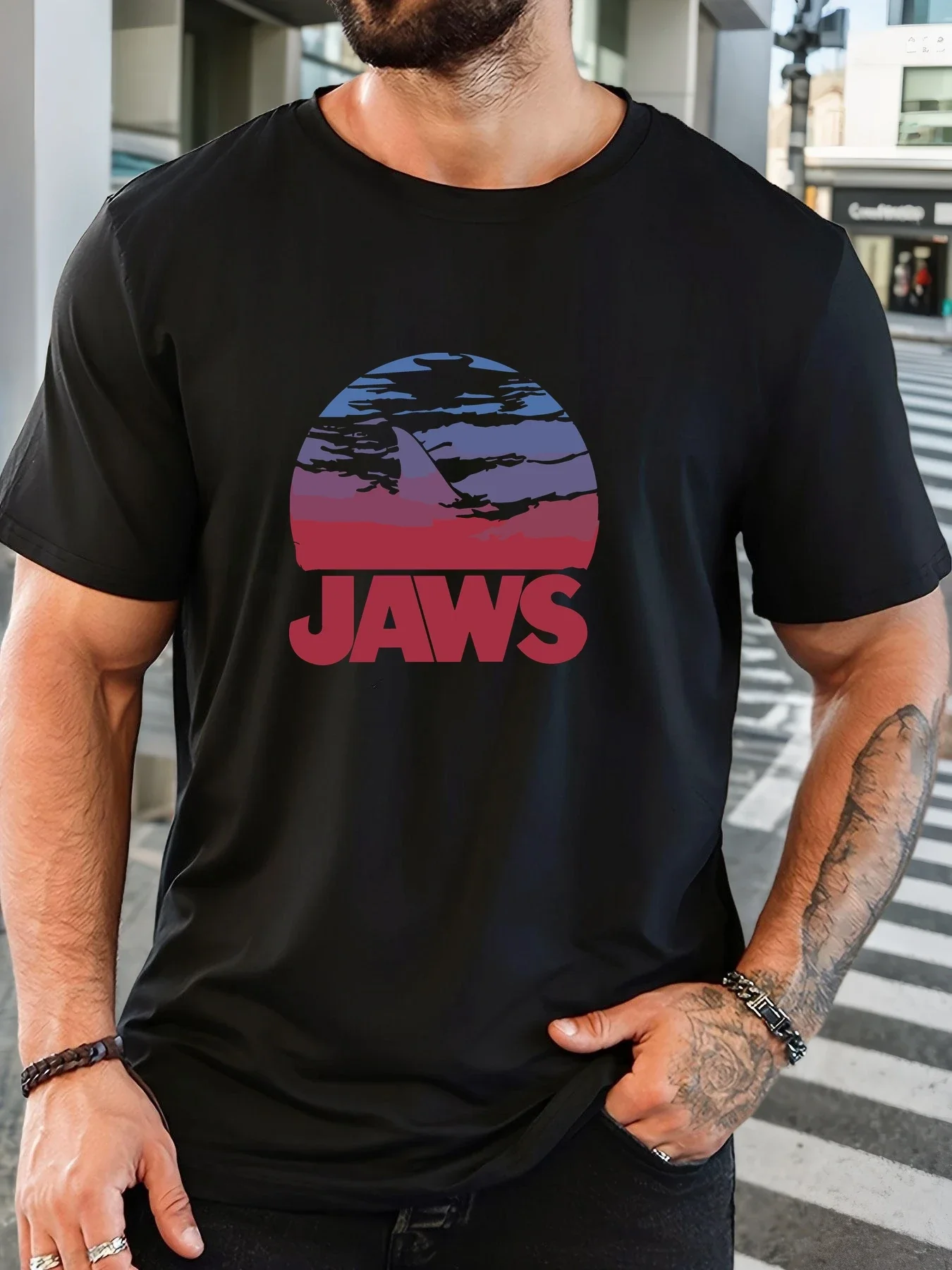 

Men's 100% pure cotton JAWS printed short-sleeved T-shirt with a great white shark pattern casual streetwear