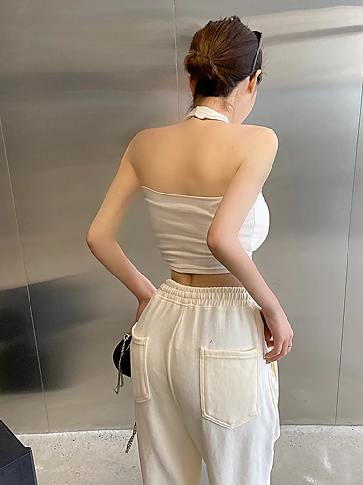 Women Summer Sexy Crop Top Women Fashionable Solid Color Cross Hanging Neck Short Camisole Slim Midriff-baring Backless Vest