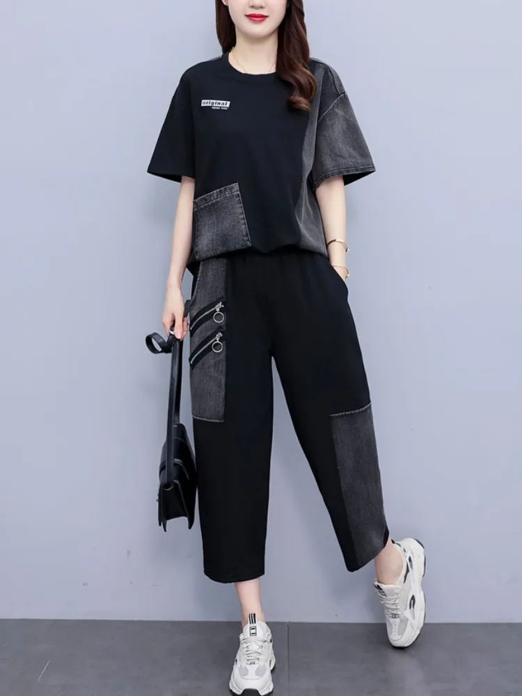 Women's clothing 2025 summer new loose fashion casual short sleeved T Shirt And Five quarter pants two-piece set high-quality