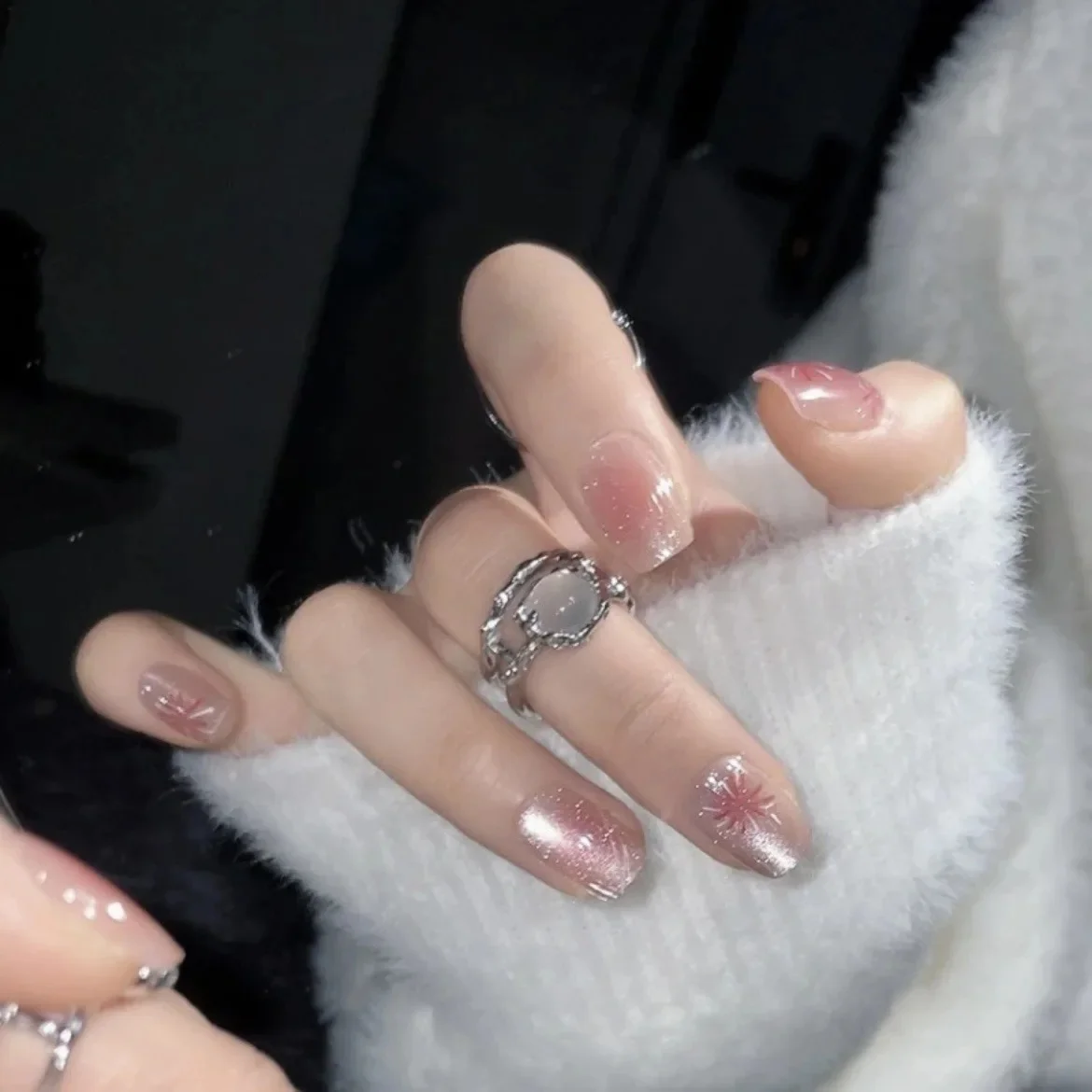 10pcs Girl Full-Size Handmade Cat Eye Press On Nails Cute Detachable Nail Patches Kawaii Pink Short T Square Head False Nails