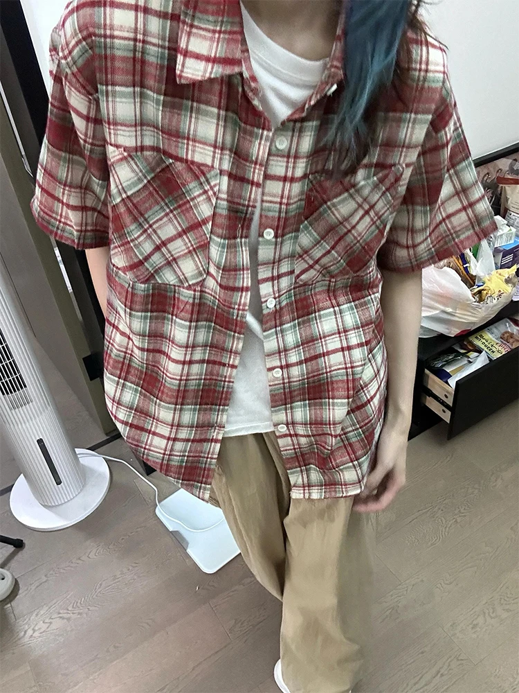 

Vintage Red Plaid ort Sve irt Men's Summer Casual Outerwear Couple's Cheered Button-Up Loose Fit Polyester Fiber
