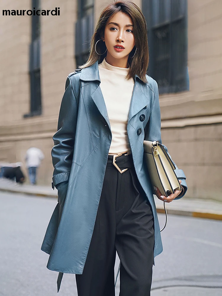 Lautaro Spring Autumn Classy Blue Faux Leather Trench Coat for Women Belt Elegant Luxury Designer Clothes Runway Fashion 2022