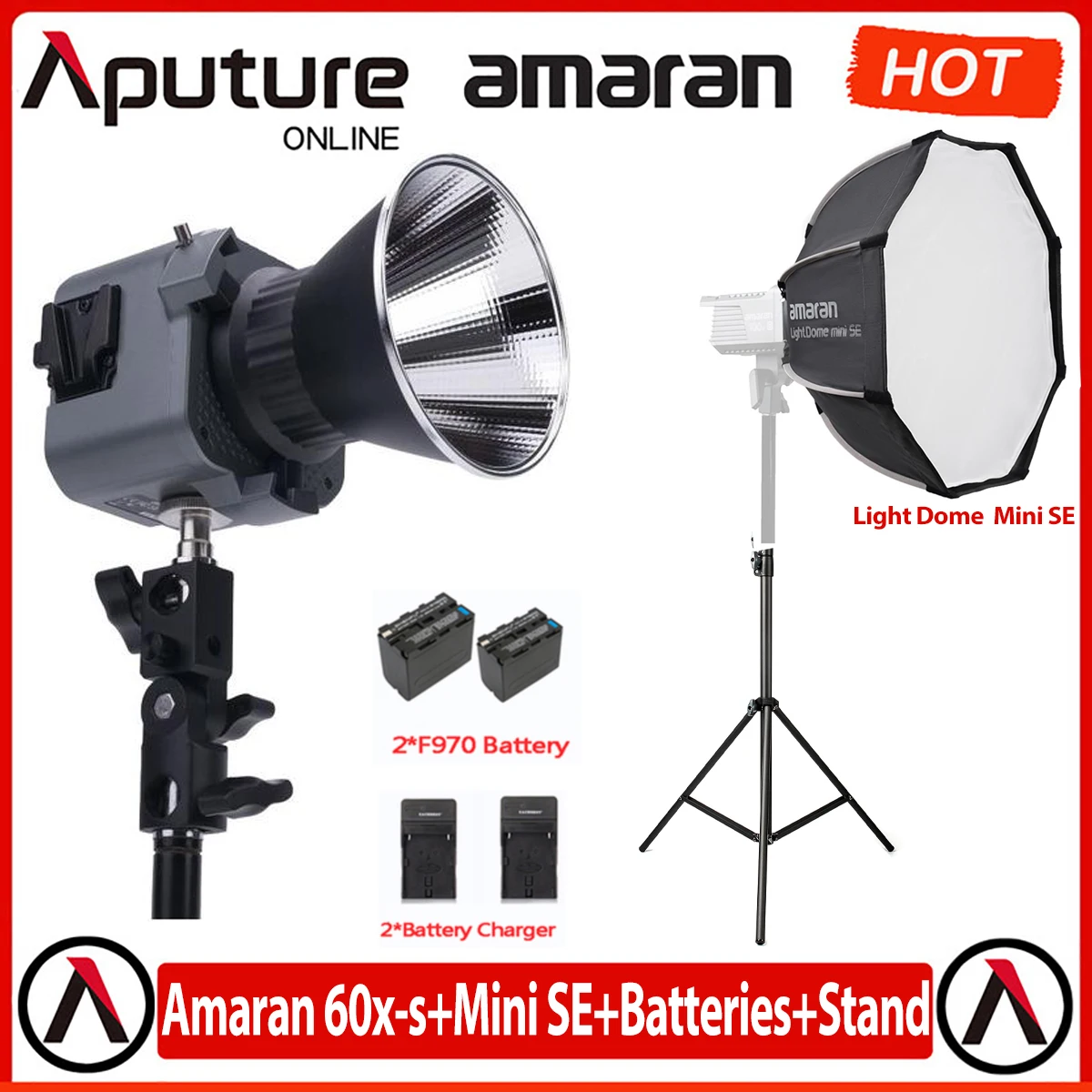 

Amaran COB 60x S+Light Dome Mini SE+Batteries+2M Light Stand,65W Bi-Color LED Video Light 2700k-6500k Bowens Mount Studio LED