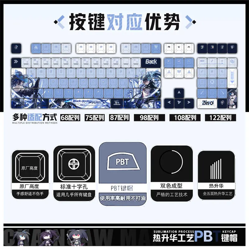 Black Rock Shooter Anime Theme Keycaps Pbt Mechanical Keyboard Pc Gaming Keyboard Accessories Collection Gifts Custom Keycap