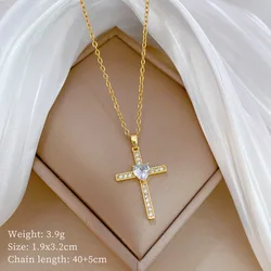 Stainless Steel Chain Classic Shiny Zircon Cross Heart Pendant Necklace for Women Men Trendy Cross Jewelry Accessories Gifts