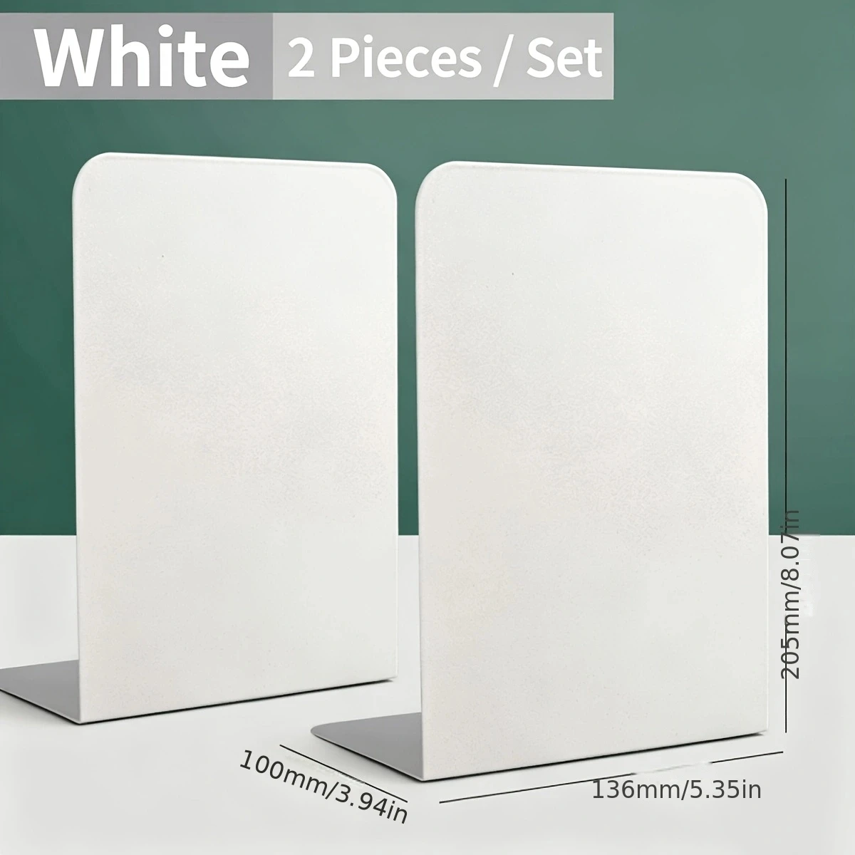 2Pcs White L-Shaped Metal Bookends, Heavy Duty Anti-Slip Book Holder for Desk Office Study Bedroom Book Storage