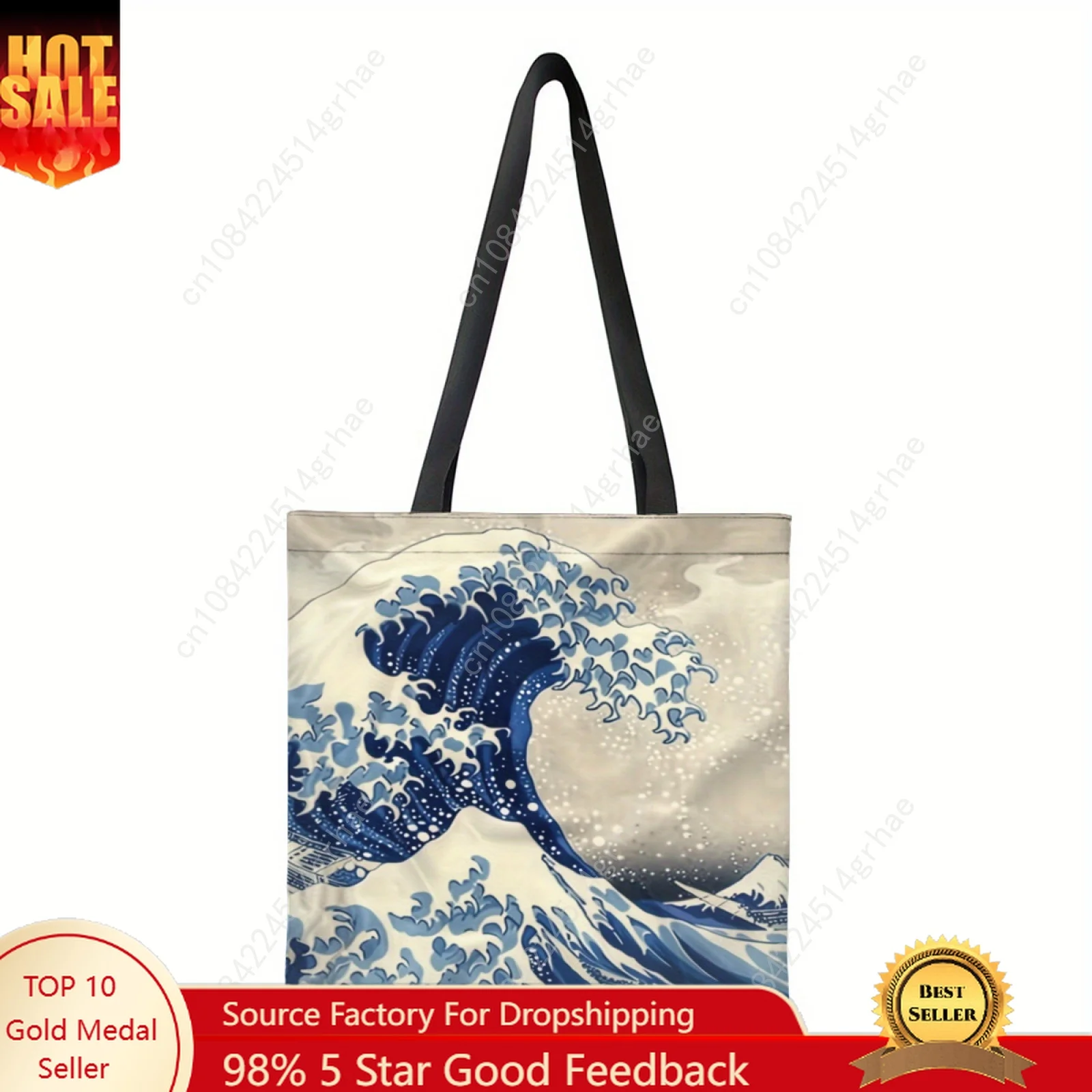 Great Wave Off Kanagawa Inspired Tote Bag Retro Ocean & Sailing Boat Design Reusable Shopping Shoulder Bag Japanese Art