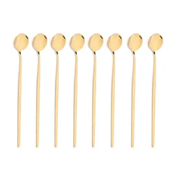 8Pcs Long Handle Ice Spoon Coffee Tea Stir Spoon Stainless Steel Black Gold Cutlery Set Dinnerware Kitchen Dinner Flatware Set