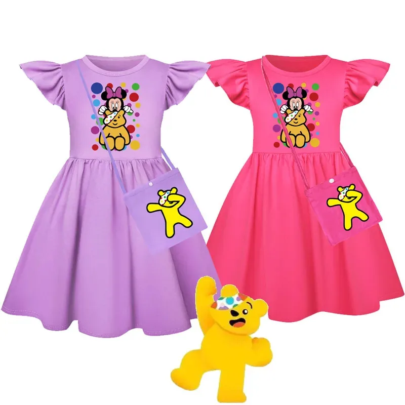 

New Do The Floss Kids Costume Baby Girls Lovely Cartoon Pudsey Bear Print Fly Sleeves Dress Sets Girl Birthday Carnival Dress Up