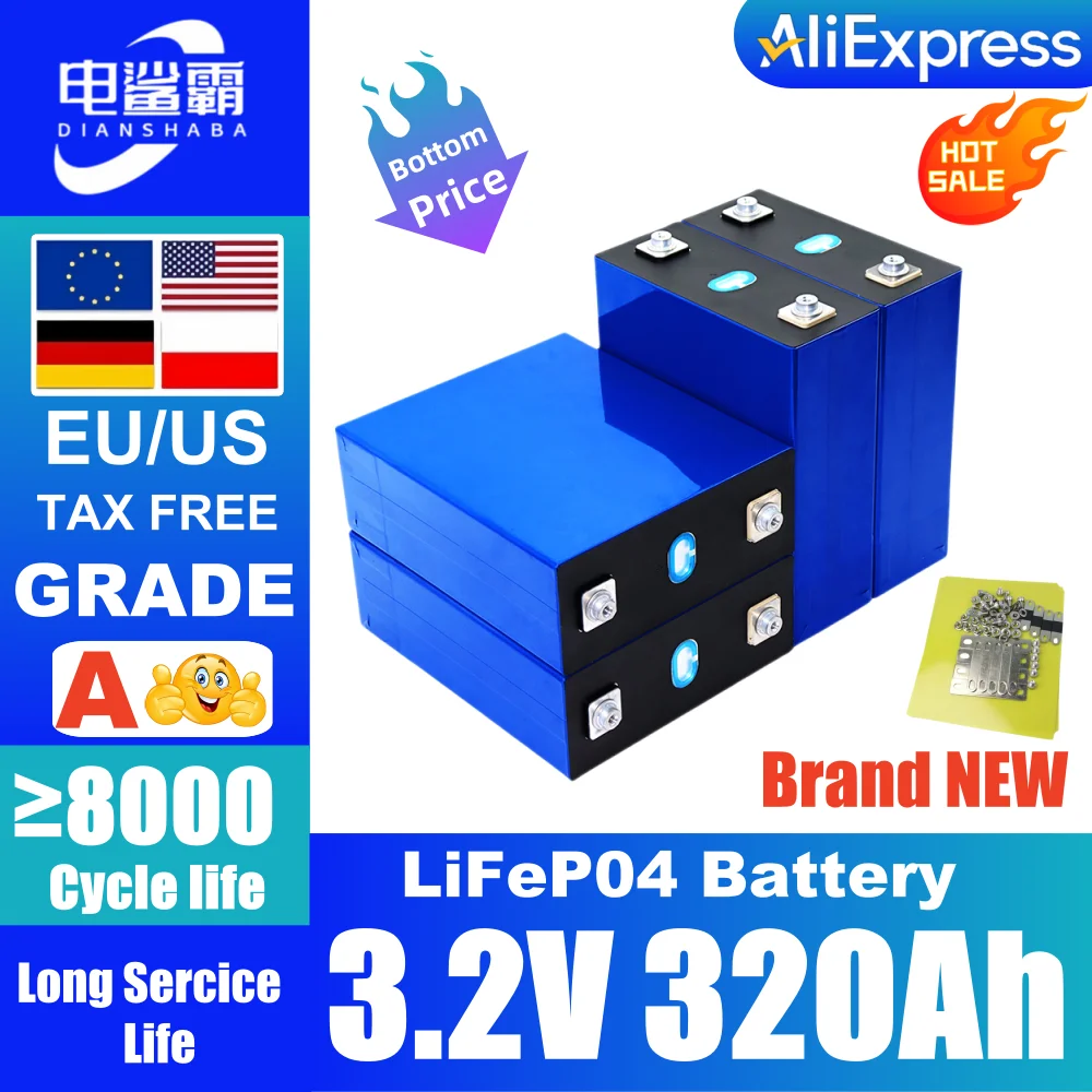 Brand New 8000 Cycles Rechargeable Batteries DIY 12V 24V 48V RV EV Lifepo4 Battery 320AH 3.2V Boat Golf Cart Yacht Van Cell Pac