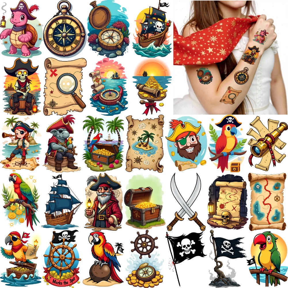 

63 шт., временные татуировки, меч, мультяшный попугай, водонепроницаемые долговечные наклейки на тело, сокровище, грудь для женщин, руки