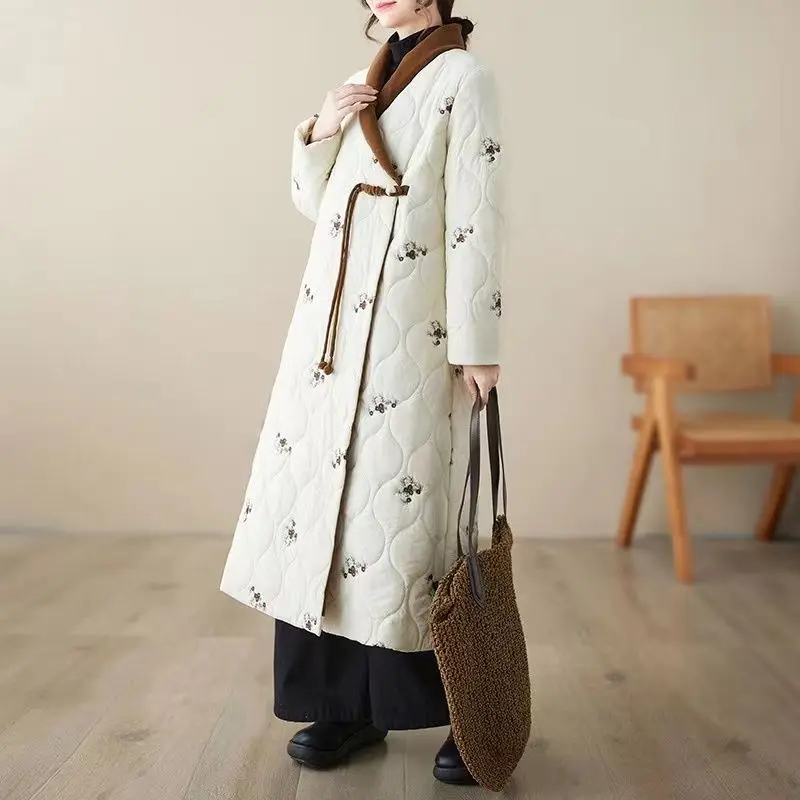 Embroidery X-long Cotton Jacket Vintage Autumn Winter Women Clothes Parkas Loose Quilted Jacket Warm Coat Windproof Chic Jackets