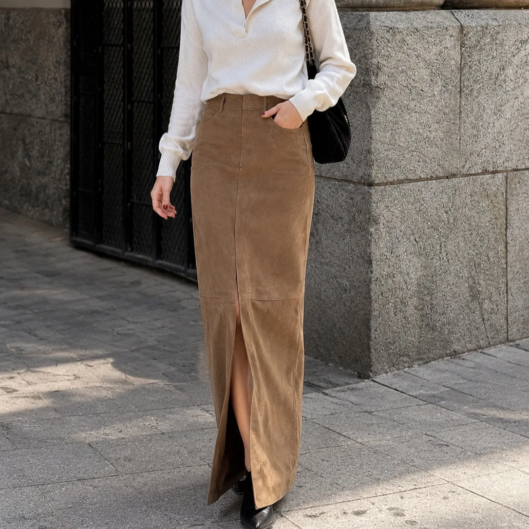 High Waist Suede Midi Skirt Women Vintage Faux Leather Long Pencil Skirt Autumn Winter Split Straight Office Lady Khaki Fashion