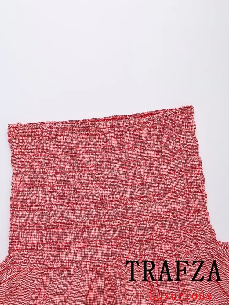TRAFZA Vintage Chic Women Red Plaid Suit scollo a v Slim Elastic top Ruffles gonna corta New Fashion 2024 Summer Beach Holiday Sets