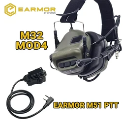 EARMOR M32 MOD4 Tactical Headset Anti Noise Headphones Communication Shooting Earmuff with EARMOR M51 PTT Adapter for Kenwood